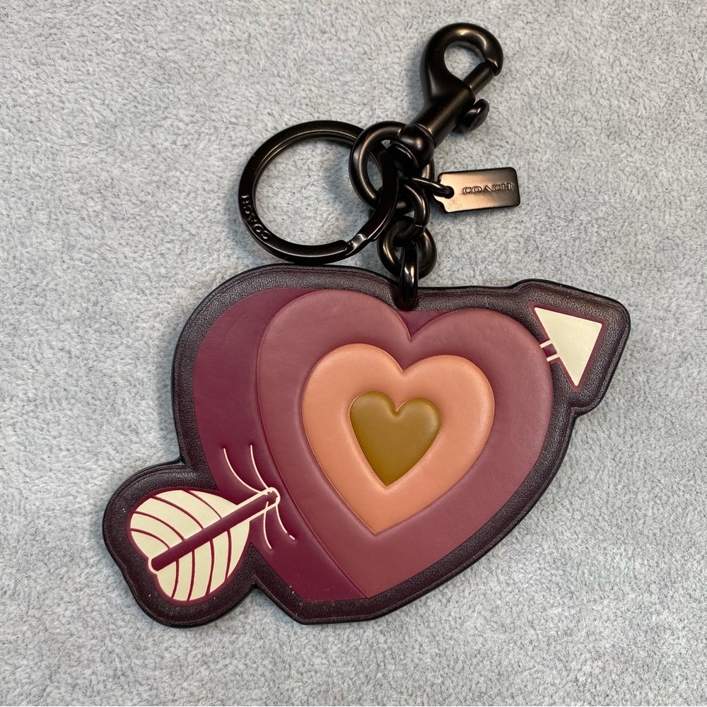 Coach Heart Arrow Leather Keychain Charm in Pink, Burgundy & Olive - Picture 4 of 10